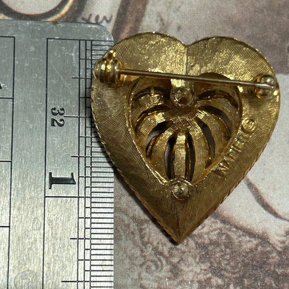 Vintage Estate Signed Napier Gold Loving Heart Ruby Red Rhinestone Pin Brooch - Picture 4 of 8